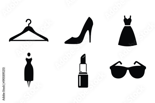 Fashion Icons: Dress Form, High Heel, Hanger, Lipstick, Sunglasses