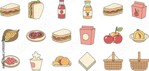 Cute Picnic Food Icons Set for Outdoor Meals, Snacks, and Summer Fun – Hand-Drawn Vector Illustrations