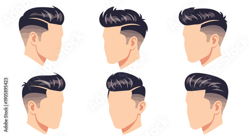 Six cartoon men's hairstyles with varying fades and styling on a white background