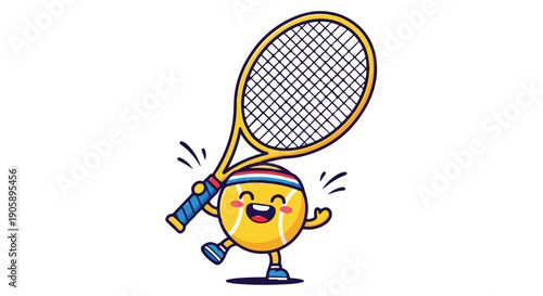 Cartoon tennis player character holding a racket with a joyful expression on a white background.