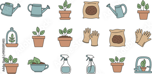 Cute Plant Care Icons Set for Gardening, Indoor Plants, and Green Lifestyle – Hand-Drawn Vector Illustrations