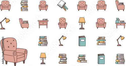 Cute Reading Icons Set for Books, Study, and Cozy Literacy Lifestyle – Hand-Drawn Vector Illustrations