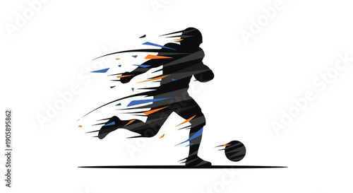 Silhouette of a soccer player kicking a ball with motion lines in a dynamic composition against a white background.
