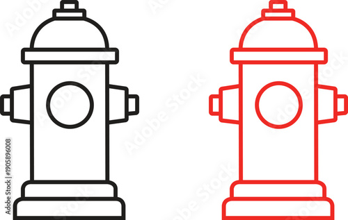 Fire Hydrant Line Icon Set in Black and Red Colors Showing Emergency Water Supply Symbol in Minimal Outline Style for City Infrastructure and Safety Design