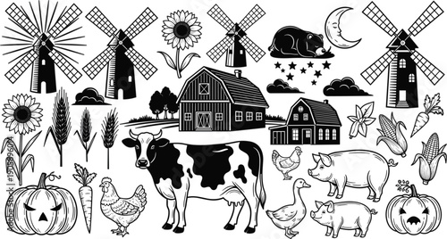 Large Set of Farm Life Line Art Icons Featuring Windmills Barns Farm Animals Sunflowers Pumpkins and Autumn Harvest Elements for Organic Agriculture and Rural Branding Designs