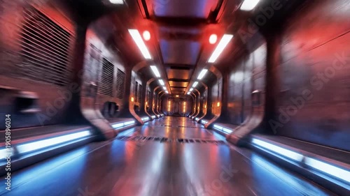Futuristic tunnel with metallic walls and floor, illuminated by vibrant blue and red neon lights