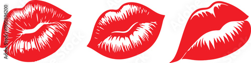 Bold red lipstick lips icons set isolated on white background. Stylish kiss mouth shapes create a modern beauty and romance concept for branding, fashion, and love themed designs. Ideal for Valentine 