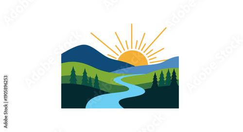 Sunrise over a winding river landscape.