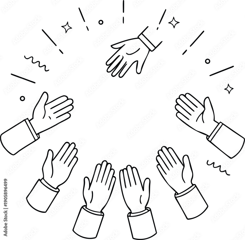Fototapeta premium Group of hands clapping in circle with central reaching hand and star sparkles for success celebration