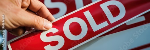 Hand holding red sold sign for real estate sale success property deal and home buying concept close up background
