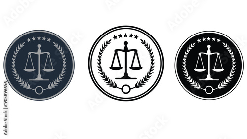 Three circular emblems featuring scales of justice and laurel wreaths.