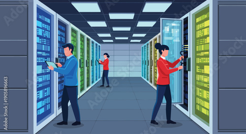 Team of IT engineers monitoring systems in modern server room.