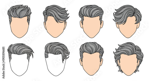 Illustration of eight different male hairstyles with gray hair on a plain white background.