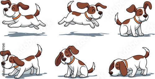 Cartoon Dog Character Set: Playful Puppy Poses and Expressions for Animation, Children's Illustration, and Educational Resources, Featuring Adorable Brown and White Markings