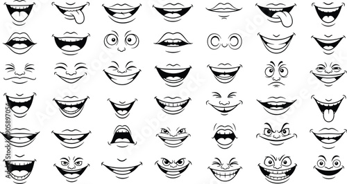Diverse Cartoon Mouth Expressions Set: A Vector Collection for Animation, Emoticons, and Design Projects Featuring Laughing, Smiling, Angry, and Expressive Facial Features