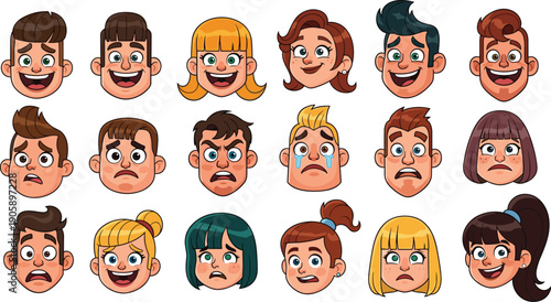 Cartoon Character Faces: An Emotionally Diverse Collection for Expressive Design, Capturing Animated Expressions, Ranging from Joy and Anger to Sadness for Engaging Visual Projects