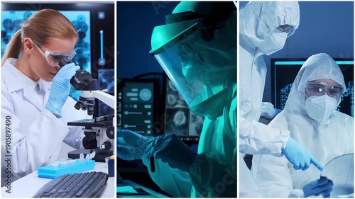 Technology and medical concept. Scientists, lab equipment and microscopes in biomedical innovations and clinical studies. Ideal for educational content. Vertical videos.