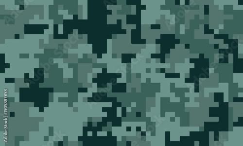 Abstract digital camouflage pattern.  Seamless pixelated texture in muted greens and dark teal. Ideal for backgrounds, textiles, or militarythemed designs.