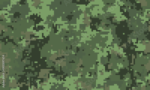 Abstract digital camouflage pattern.  Perfect for backgrounds, textiles, or militarythemed designs.  Earthy greens and blacks blend seamlessly, creating a textured, versatile image.