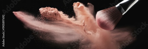 Makeup powder explosion with cosmetic brush on black background beauty cosmetics concept in slow motion dust cloud splash