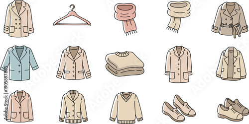 Cute Wardrobe Icons Set for Closet, Fashion, and Clothing Organization – Hand-Drawn Vector Illustrations