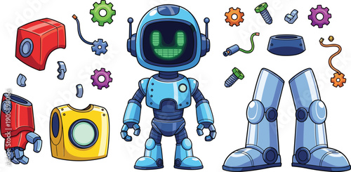 Assembled Cartoon Robot with Accessories Illustration: A Playful Concept for Educational Resources, Children's Books, and Futuristic Designs in Vector Format