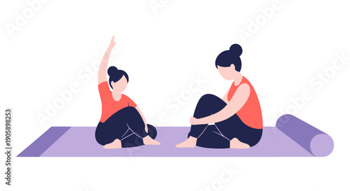 Two women practicing yoga together on a purple mat.