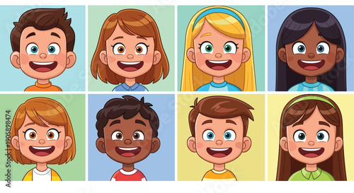 Diverse Group of Cheerful Cartoon Children: Smiling Kids Illustration Set for Education, Multicultural Themes and Inclusive Design Projects (Eight Smiling Children)