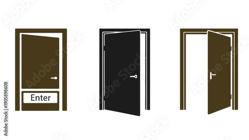 Door vector icons set with open and closed entrance illustrations