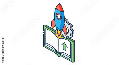 Blue Rocket Emerging from Open Book Illustration.