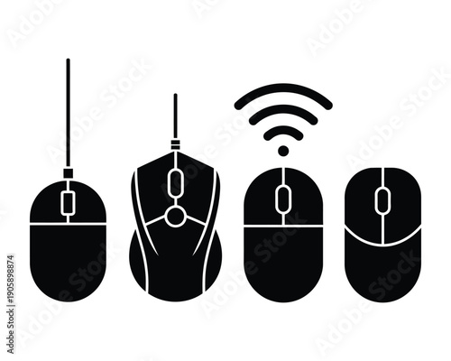 Computer mouse icon set with wired and wireless connection symbols, vector illustrations for technology, computer accessories, office tools, digital devices, design, and digital graphic projects.