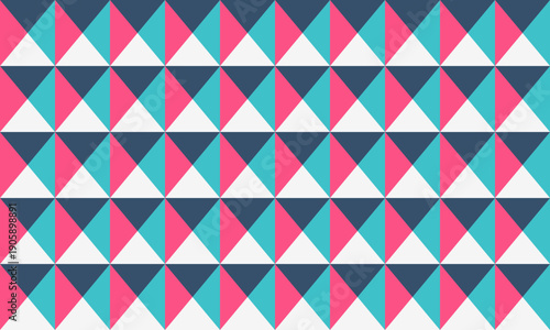 Vibrant geometric triangle pattern in pink, teal, and navy.  Perfect for backgrounds, website design, textiles, or any project needing a modern, playful, and visually striking design.