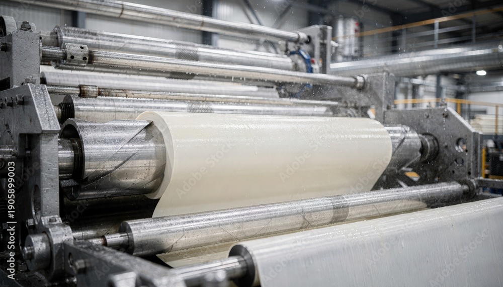 Fototapeta premium Side view medium shot highlighting wet end forming section with detailed mechanical rollers and fresh wet paper sheet emerging in a modern pulp processing facility.