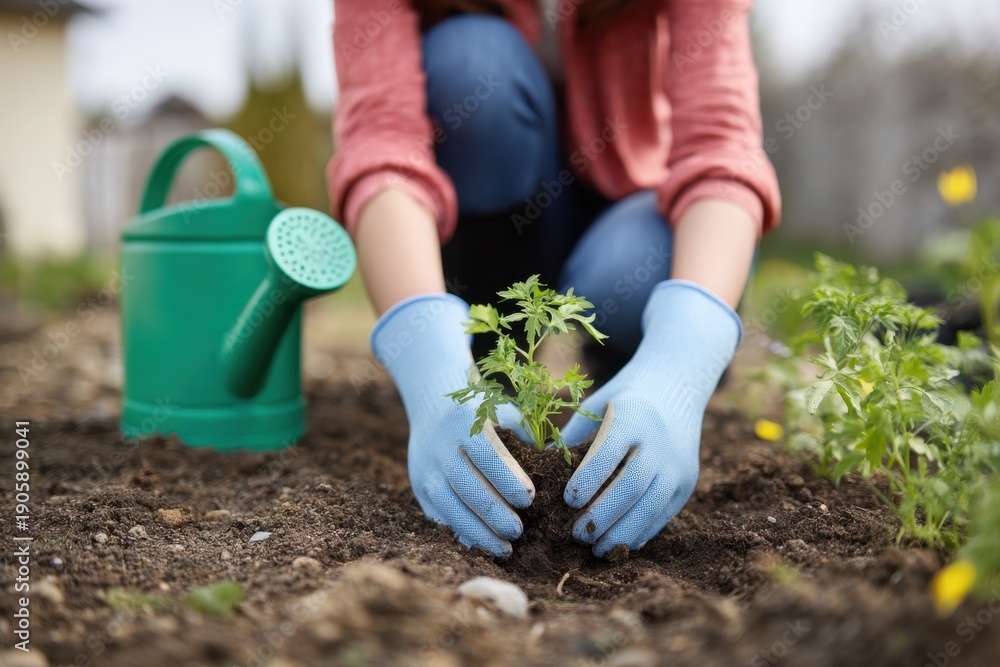 Fototapeta premium Caucasian female adult gardening: planting seedlings with green watering can in spring