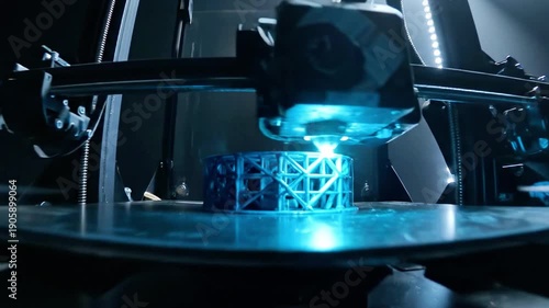 A close-up view of a cylindrical object being created with a bright blue light emanating from the top, showcasing a complex lattice structure as it is being built layer by layer on a flat surface