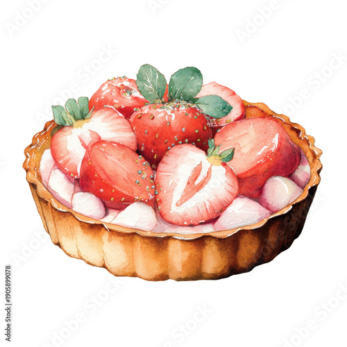 Freshly Baked Strawberry Tart with Cream and Mint Garnish