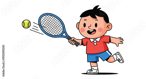 Cartoon boy playing tennis with a blue racket on a white background