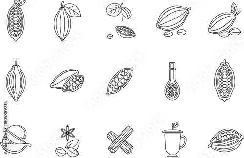 Botanical Spices and Cocoa Pod Line Icon Set Featuring Cacao Beans Cinnamon Sticks Star Anise and Herbal Ingredients for Organic Branding and Natural Product Packaging