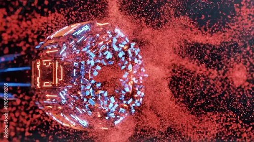 A futuristic spaceship with blue and orange lights flies through a field of red sparks