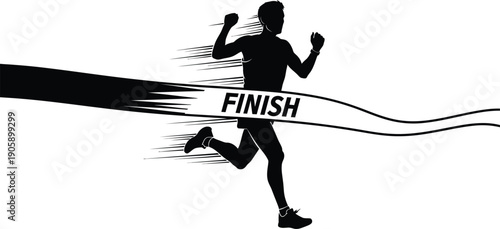 Dynamic silhouette of a runner breaking through the finish line tape with speed lines