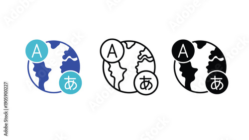 Three icons depict a globe with language symbols for translation.