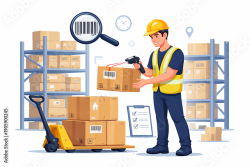 Flat Vector Illustration of Warehouse Worker Scanning Box with Barcode Lines