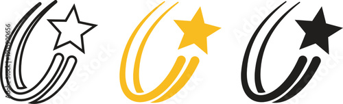 Shooting star trail icons set with yellow black and outline comet swoosh symbols for celestial celebration award success magic or galaxy design isolated on transparent background vector illustration.