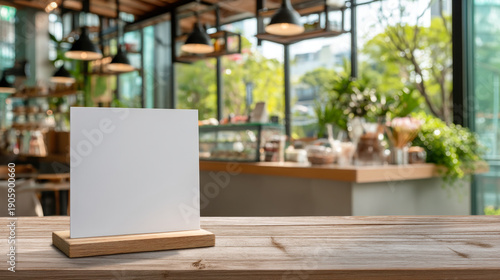 Blank menu stand mockup on wooden table, warm cafe bar background bokeh