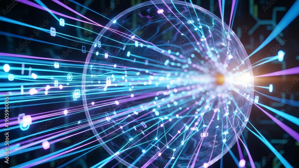 Obraz premium Numerous glowing blue and purple lines with abstract shapes radiate from and enter a transparent sphere on a dark circuit-patterned ground