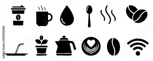 Black silhouettes of coffee and tea related objects and symbols on white background