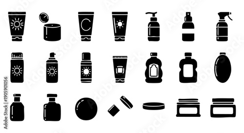 Collection of various black silhouettes of cosmetic and skincare product icons on white background