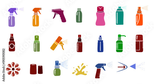 Colorful spray bottles and cans for cleaning and personal care products isolated on white background