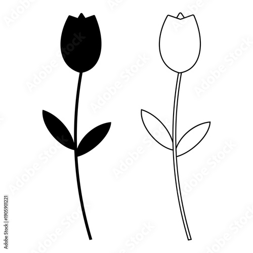 Minimal tulip flower silhouette and outline vector illustration set featuring elegant botanical shapes in black and white style suitable for spring design floral decoration branding logo print