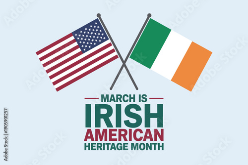 Irish American Heritage Month March Awareness Banner with Ireland and USA Flags for Cultural Genealogy, St Patricks Day and History Promotion